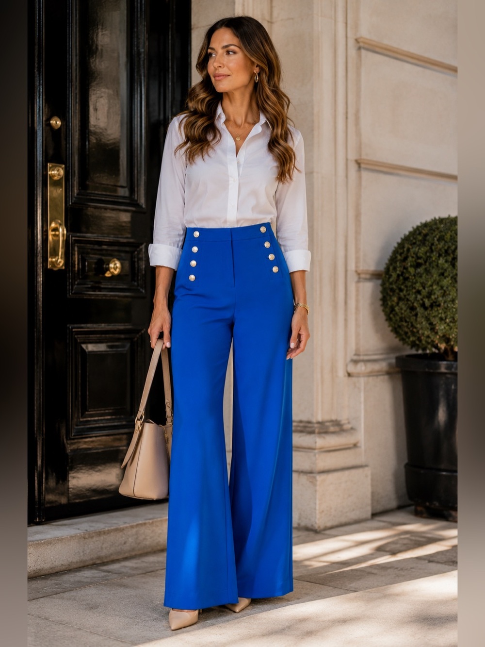 Ann Taylor Cobalt Blue Sailor Wide Leg Pants Size 6 Silver Button High Rise